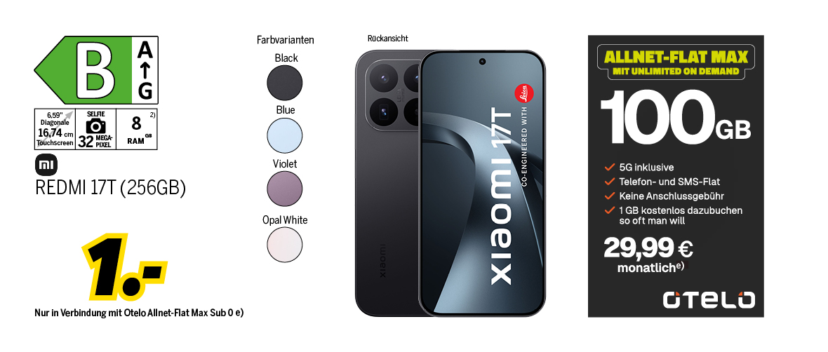 REDMI 17T mit 256GB für einmalig 1€