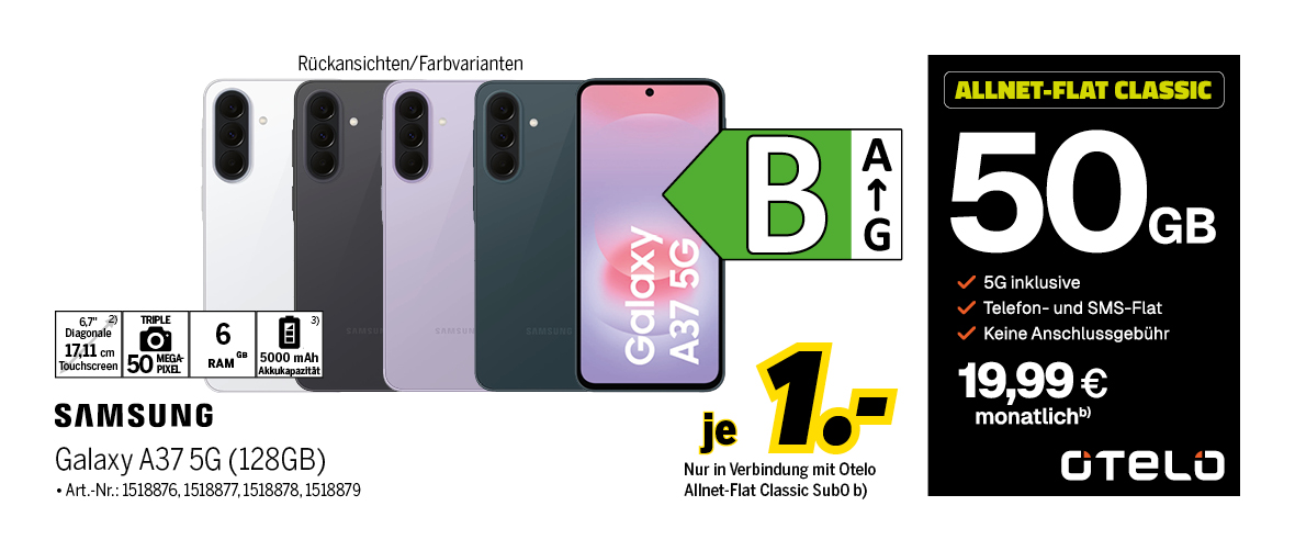 Samsung Galaxy A37 5G mit 128GB für einmalig 1€