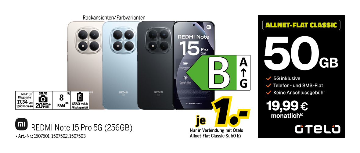 REDMI Note 15 Pro 5G mit 256GB für einmalig 1€