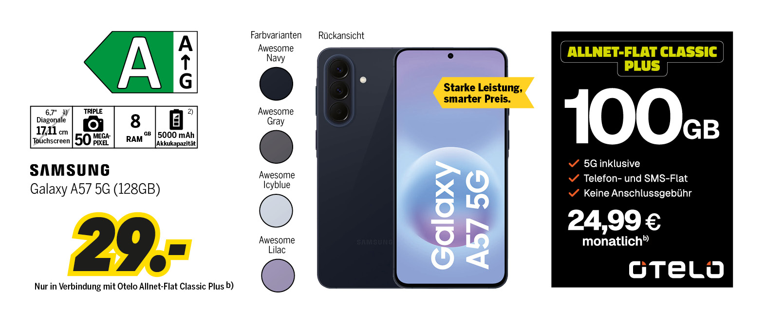 Samsung Galaxy A57 5G mit 128GB für einmalig 29€