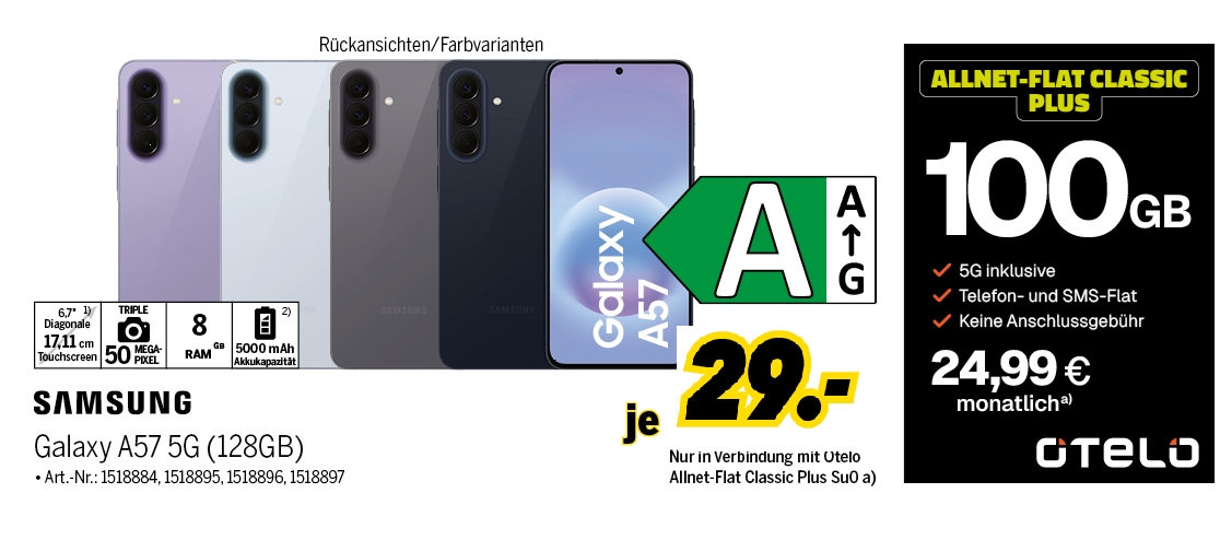 Samsung Galaxy A57 5G mit 128GB für einmalig 29€