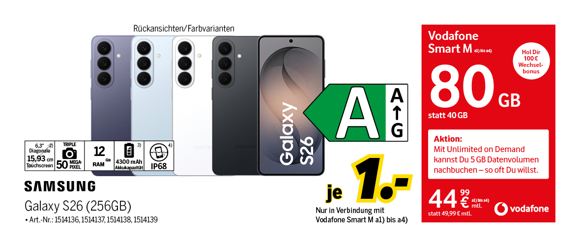 Samsung Galaxy S26 mit 256GB für einmalig 1€