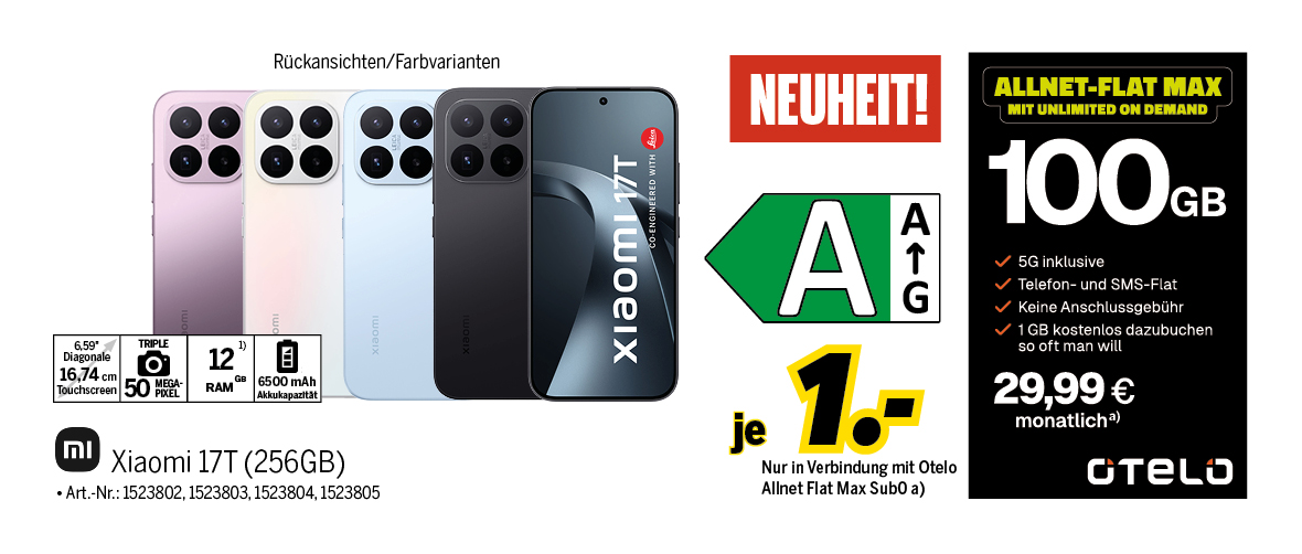 Xiaomi 17T mit 256GB für einmalig 1€