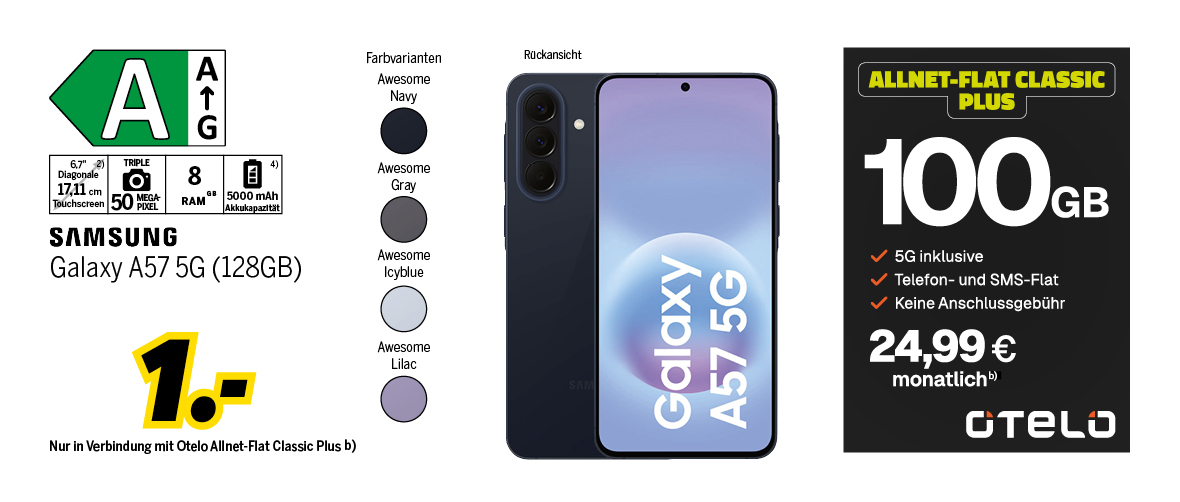 Samsung A57 mit 128GB für einmalig 1€