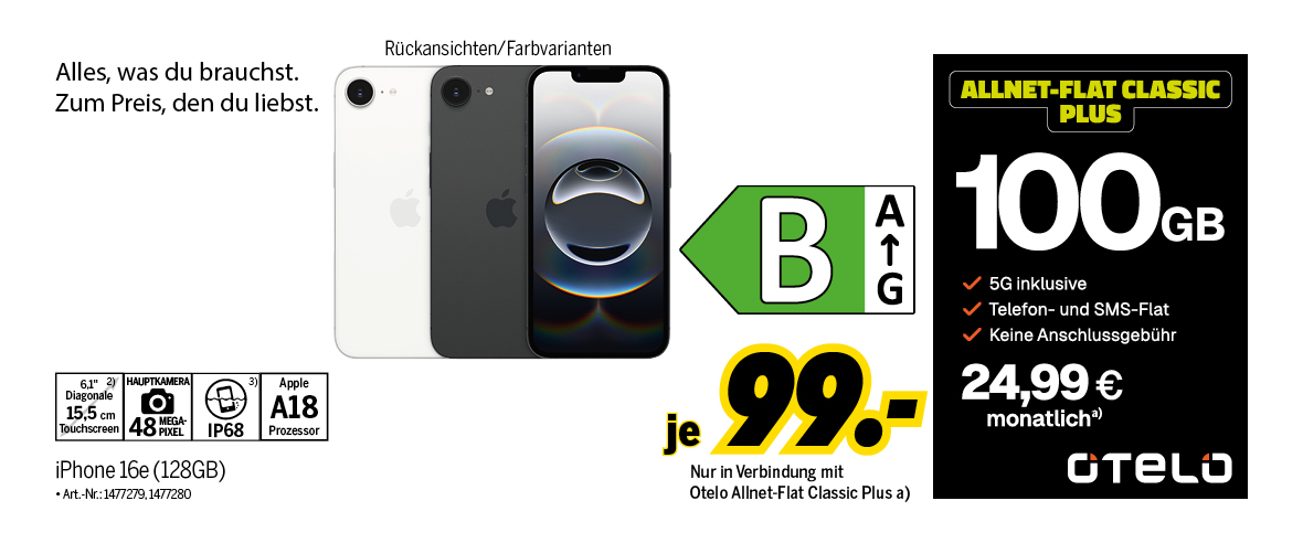 iPhone 16e mit 128GB für einmalig 99€