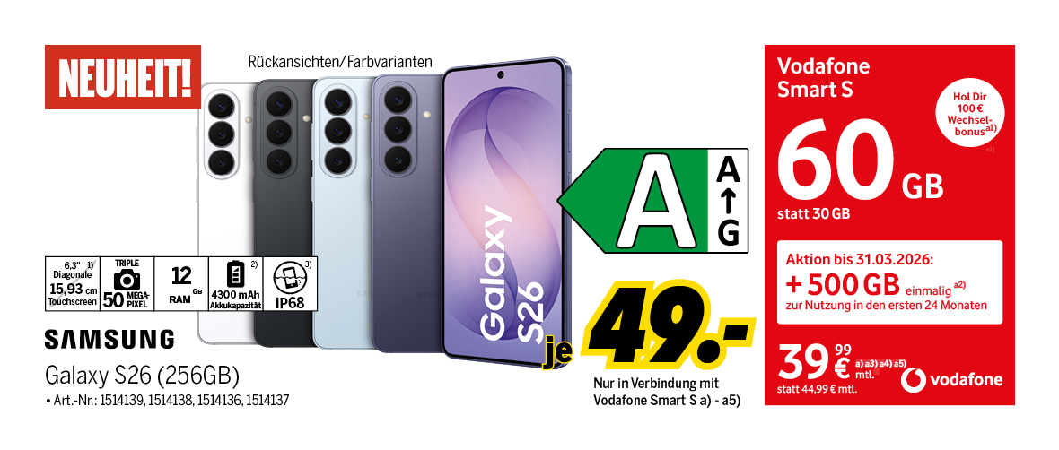 Samsung Galaxy S26 mit 256GB für einmalig 49€